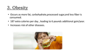 3. Obesity
• Occurs as more fat, carbohydrate,processed sugar,and less fiber is
consumed.
• 187 extra calories per day , leading to 6 pounds additional gain/year.
• Increases risk of other diseases.
 