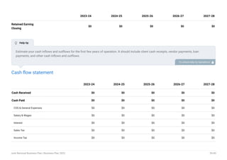 Retained Earning
Closing
$0 $0 $0 $0 $0
2023-24 2024-25 2025-26 2026-27 2027-28
Cash flow statement
Cash Received $0 $0 $0 $0 $0
Cash Paid $0 $0 $0 $0 $0
COS & General Expenses $0 $0 $0 $0 $0
Salary & Wages $0 $0 $0 $0 $0
Interest $0 $0 $0 $0 $0
Sales Tax $0 $0 $0 $0 $0
Income Tax $0 $0 $0 $0 $0
2023-24 2024-25 2025-26 2026-27 2027-28
Estimate your cash inflows and outflows for the first few years of operation. It should include client cash receipts, vendor payments, loan
payments, and other cash inflows and outflows.
To unlock help try Upmetrics! 
 Help tip
Junk Removal Business Plan | Business Plan 2023 39/49
 