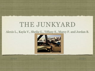 THE JUNKYARD
Alexis L., Kayla V., Sheila G., Tiffany S., Marcy F. and Jordan B.




   2010                    2020-2040                     2050
 