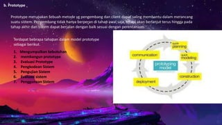 b. Prototype
Prototype merupakan sebuah metode yg pengembang dan client dapat saling membantu dalam merancang
suatu sistem. Pengembang tidak hanya berperan di tahap awal saja, tetapi akan berlanjut terus hingga pada
tahap akhir dan sistem dapat berjalan dengan baik sesuai dengan perencanaan.
Terdapat bebrapa tahapan dalam model prototype
sebagai berikut.
1. Mengumpulkan kebutuhan
2. membangun prototype
3. Evaluasi Prototype
4. Pengkodean Sistem
5. Pengujian Sistem
6. Evaluasi sistem
7. Penggunaan Sistem
 