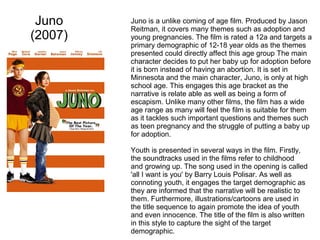 Juno
(2007)
Juno is a unlike coming of age film. Produced by Jason
Reitman, it covers many themes such as adoption and
young pregnancies. The film is rated a 12a and targets a
primary demographic of 12-18 year olds as the themes
presented could directly affect this age group The main
character decides to put her baby up for adoption before
it is born instead of having an abortion. It is set in
Minnesota and the main character, Juno, is only at high
school age. This engages this age bracket as the
narrative is relate able as well as being a form of
escapism. Unlike many other films, the film has a wide
age range as many will feel the film is suitable for them
as it tackles such important questions and themes such
as teen pregnancy and the struggle of putting a baby up
for adoption.
Youth is presented in several ways in the film. Firstly,
the soundtracks used in the films refer to childhood
and growing up. The song used in the opening is called
'all I want is you' by Barry Louis Polisar. As well as
connoting youth, it engages the target demographic as
they are informed that the narrative will be realistic to
them. Furthermore, illustrations/cartoons are used in
the title sequence to again promote the idea of youth
and even innocence. The title of the film is also written
in this style to capture the sight of the target
demographic.
 