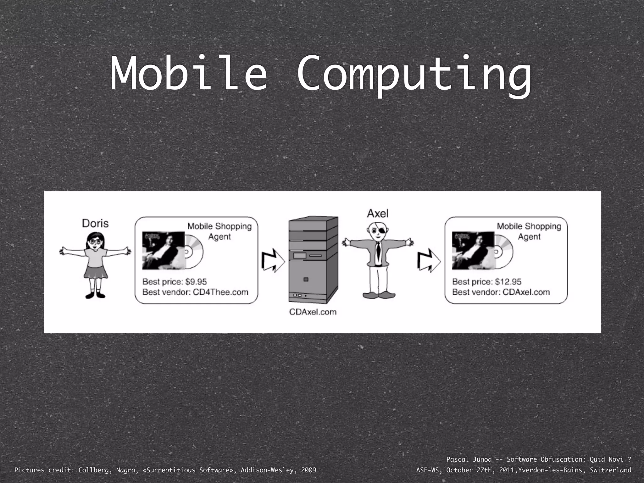 Mobile Computing




                                                                                           Pascal Junod -- Software Obfuscation: Quid Novi ?
Pictures credit: Collberg, Nagra, «Surreptitious Software», Addison-Wesley, 2009   ASF-WS, October 27th, 2011,Yverdon-les-Bains, Switzerland
 