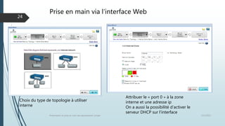 Prise en main via l’interface Web
12/1/2015Présentation et prise en main des équipements Juniper
24
Attribuer le « port 0 » à la zone
interne et une adresse ip
On a aussi la possibilité d’activer le
serveur DHCP sur l’interface
Choix du type de topologie à utiliser
interne
 
