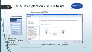 III. Mise en place du VPN site to site
12/1/2015Présentation et prise en main des équipements Juniper
48
Cliquer sur
Configure VPN pour
lancer la
configuration Choix du type de VPN à configurer
Au niveau de JUNIPER1
 
