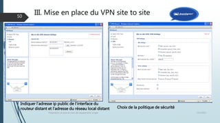 12/1/2015Présentation et prise en main des équipements Juniper
50
Indiquer l’adresse ip public de l’interface du
routeur distant et l’adresse du réseau local distant Choix de la politique de sécurité
III. Mise en place du VPN site to site
 
