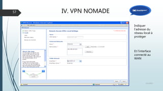 IV. VPN NOMADE
12/1/2015Présentation et prise en main des équipements Juniper
57
Indiquer
l’adresse du
réseau local à
protéger
Et l’interface
connecté au
WAN
 