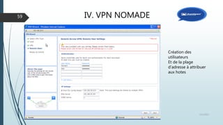 IV. VPN NOMADE
12/1/2015Présentation et prise en main des équipements Juniper
59
Création des
utilisateurs
Et de la plage
d’adresse à attribuer
aux hotes
 