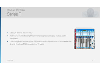 Thomas Moegli
๏ Déployés dans les réseaux coeur
๏ Redondance matérielle complète (Alimentation, processeurs pour routage, cartes
d’interfaces)
๏ Un Routing Matrix est une architecture multi-chassis composée d’un routeur TX Matrix et
de un à 4 routeurs T640 connectées au TX Matrix
Product Portfolio
Series T
14
 
