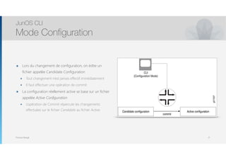Thomas Moegli
๏ Lors du changement de configuration, on édite un
fichier appelée Candidate Configuration
๏ Tout changement n’est jamais effectif immédiatement
๏ Il faut effectuer une opération de commit
๏ La configuration réellement active se base sur un fichier
appelée Active Configuration
๏ L’opération de Commit répercute les changements
effectuées sur le fichier Candidate au fichier Active
JunOS CLI
Mode Configuration
21
 