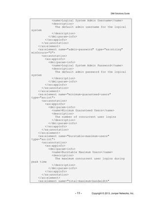 DMI Solutions Guide
- 11 - Copyright © 2013, Juniper Networks, Inc.
<name>Logical System Admin Username</name>
<description>
The default admin username for the logical
system
</description>
</dmi:param-info>
</xs:appinfo>
</xs:annotation>
</xs:element>
<xs:element name="admin-password" type="xs:string"
minOccurs="0">
<xs:annotation>
<xs:appinfo>
<dmi:param-info>
<name>Logical System Admin Password</name>
<description>
The default admin password for the logical
system
</description>
</dmi:param-info>
</xs:appinfo>
</xs:annotation>
</xs:element>
<xs:element name="minimum-guaranteed-users"
type="xs:int">
<xs:annotation>
<xs:appinfo>
<dmi:param-info>
<name>Minimum Guaranteed Users</name>
<description>
The number of concurrent user logins
</description>
</dmi:param-info>
</xs:appinfo>
</xs:annotation>
</xs:element>
<xs:element name="burstable-maximum-users"
type="xs:int">
<xs:annotation>
<xs:appinfo>
<dmi:param-info>
<name>Burstable Maximum Users</name>
<description>
The maximum concurrent user logins during
peak time
</description>
</dmi:param-info>
</xs:appinfo>
</xs:annotation>
</xs:element>
<xs:element name="total-maximum-bandwidth"
 