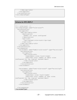 DMI Solutions Guide
- 27 - Copyright © 2013, Juniper Networks, Inc.
</dmi:rpc-info>
</xs:appinfo>
</xs:annotation>
</xs:complexType>
Schema for RPC-REPLY
<!-- role-count -->
<xs:complexType name="role-count">
<xs:annotation>
<xs:appinfo>
<dmi:rpc-reply-info>
<description>
Number for roles configured
</description>
<rpc-list>
<rpc-tag>get-role-count</rpc-tag>
</rpc-list>
</dmi:rpc-reply-info>
</xs:appinfo>
</xs:annotation>
<xs:sequence>
<xs:element name="admin-role-count" type="xs:string">
<xs:annotation>
<xs:appinfo>
<dmi:field-info>
<name>Admin roles Count</name>
<desc>The total number of admin roles
configured for the logical system</desc>
</dmi:field-info>
</xs:appinfo>
</xs:annotation>
</xs:element>
<xs:element name="user-role-count" type="xs:string">
<xs:annotation>
<xs:appinfo>
<dmi:field-info>
<name>User roles Count</name>
<desc>The total number of user roles
configured for the logical system</desc>
</dmi:field-info>
</xs:appinfo>
</xs:annotation>
</xs:element>
</xs:sequence>
</xs:complexType>
 