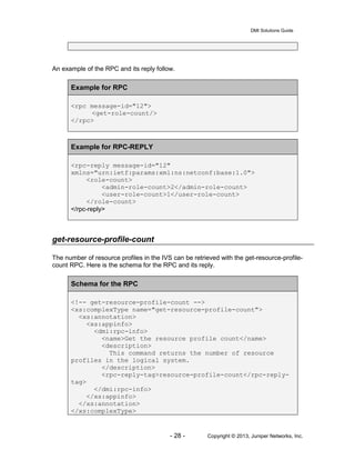 DMI Solutions Guide
- 28 - Copyright © 2013, Juniper Networks, Inc.
An example of the RPC and its reply follow.
Example for RPC
<rpc message-id="12">
<get-role-count/>
</rpc>
Example for RPC-REPLY
<rpc-reply message-id="12"
xmlns="urn:ietf:params:xml:ns:netconf:base:1.0">
<role-count>
<admin-role-count>2</admin-role-count>
<user-role-count>1</user-role-count>
</role-count>
</rpc-reply>
get-resource-profile-count
The number of resource profiles in the IVS can be retrieved with the get-resource-profile-
count RPC. Here is the schema for the RPC and its reply.
Schema for the RPC
<!-- get-resource-profile-count -->
<xs:complexType name="get-resource-profile-count">
<xs:annotation>
<xs:appinfo>
<dmi:rpc-info>
<name>Get the resource profile count</name>
<description>
This command returns the number of resource
profiles in the logical system.
</description>
<rpc-reply-tag>resource-profile-count</rpc-reply-
tag>
</dmi:rpc-info>
</xs:appinfo>
</xs:annotation>
</xs:complexType>
 