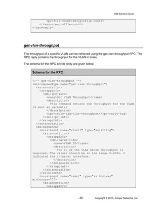 DMI Solutions Guide
- 30 - Copyright © 2013, Juniper Networks, Inc.
<profile-count>20</profile-count>
</resource-profile-count>
</rpc-reply>
get-vlan-throughput
The throughput of a specific VLAN can be retrieved using the get-vlan-throughput RPC. The
RPC reply contains the throughput for the VLAN in bytes.
The schema for the RPC and its reply are given below.
Schema for the RPC
<!-- get-vlan-throughput -->
<xs:complexType name="get-vlan-throughput">
<xs:annotation>
<xs:appinfo>
<dmi:rpc-info>
<name>Get VLAN Throughput</name>
<description>
This command returns the throughput for the VLAN
id sent as parameter
</description>
<rpc-reply-tag>vlan-throughput</rpc-reply-tag>
</dmi:rpc-info>
</xs:appinfo>
</xs:annotation>
<xs:sequence>
<xs:element name="vlanid" type="xs:string">
<xs:annotation>
<xs:appinfo>
<dmi:param-info>
<name>VLAN ID</name>
<description>
The ID of the VLAN whose throughput is
required. The values should be in the range 0-4094. 0
Indicated the internal interface.
</decription>
</dmi:param-info>
</xs:appinfo>
</xs:annotation>
</xs:element>
<xs:element name="reset" type="xs:boolean"
minOccurs="0">
<xs:annotation>
<xs:appinfo>
 