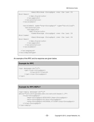 DMI Solutions Guide
- 32 - Copyright © 2013, Juniper Networks, Inc.
<desc>Minimum throughput over the last 24
Hrs</desc>
</dmi:field-info>
</xs:appinfo>
</xs:annotation>
</xs:element>
<xs:element name="avg-throughput" type="xs:string">
<xs:annotation>
<xs:appinfo>
<dmi:field-info>
<name>Average throughput over the last 24
Hrs</name>
<desc>Average throughput over the last 24
Hrs</desc>
</dmi:field-info>
</xs:appinfo>
</xs:annotation>
</xs:element>
</xs:sequence>
</xs:complexType>
An example of the RPC and its response are given below.
Example for RPC
<rpc message-id="12">
<get-vlan-throughput>
<vlanid>0</vlanid>
</get-vlan-throughput>
</rpc>
Example for RPC-REPLY
<rpc-reply message-id="12"
xmlns="urn:ietf:params:xml:ns:netconf:base:1.0">
<vlan-throughput>
<max-throughput>8591642</max-throughput>
<min-throughput>0</min-throughput>
<avg-throughput>4918466.471698</avg-throughput>
</vlan-throughput>
</rpc-reply>
 