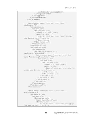 DMI Solutions Guide
- 56 - Copyright © 2013, Juniper Networks, Inc.
certificate</description>
</dmi:param-info>
</xs:appinfo>
</xs:annotation>
</xs:element>
<xs:element name="internal-interfaces"
minOccurs="0">
<xs:annotation>
<xs:appinfo>
<dmi:param-info>
<name>Interface</name>
<description>
List of internal interfaces to apply
the device certificate to
</description>
</dmi:param-info>
</xs:appinfo>
</xs:annotation>
<xs:complexType>
<xs:sequence>
<xs:choice minOccurs="0"
maxOccurs="unbounded">
<xs:element name="internal-interface"
type="xs:string" minOccurs="0">
<xs:annotation>
<xs:appinfo>
<dmi:param-info>
<name>Interface</name>
<description>
Name of internal interface to
apply the device certificate to
</description>
</dmi:param-info>
</xs:appinfo>
</xs:annotation>
</xs:element>
</xs:choice>
</xs:sequence>
</xs:complexType>
</xs:element>
<xs:element name="external-interfaces"
minOccurs="0">
<xs:annotation>
<xs:appinfo>
<dmi:param-info>
<name>Interface</name>
<description>
List of external interfaces to apply
the device certificate to
 