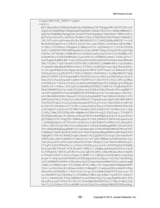 DMI Solutions Guide
- 58 - Copyright © 2013, Juniper Networks, Inc.
<type>DEVICE_CERT</type>
<cert>
MIIIBgIBAzCCB8wGCSqGSIb3DQEHAaCCB70Egge5MIIHtTCCBIcGC
SqGSIb3DQEHBqCCBHgwggR0AgEAMIIEbQYJKoZIhvcNAQcBMBwGCi
qGSIb3DQEMAQYwDgQIAtiwIAYUYw0CAggAgIIEQIRnbl7WN3rhElt
QCFsYgcaDuGYo/QVRnk/8oBEuIfBsiX3QX9ba3SS0T6em148QmA0j
1KCJG7nzPnrAX+mqv4R/Az3WCw8GZVL3/j9RGYbEByXBKYB7++trb
WOcbA6DZqwPOr0clFBzV1a2uG+Vm+uawcPbKti3x9nHel9AZnPMb/
U/QRo/tCfdTAuti0RgpmvlCdNe2vUl9i/qGJB4etfl7+GC4cSTOTm
TxP1IrB889ST9KOPWPXpmRn2tY2AczWVM/9HqjDChyGTGToeQICBq
CdZ4a/zF7NcHe+ffWWvROCnvJx8UxcLwUylm2xlA+ltCa8SMNz18Y
nGxeWIHtrfiES5dSMUQ6ojLgJrKFoD/rE4MGAIqvbS/1kGbiQCvr7
4y09qapCAqNEtRR/tow5JbXuuKSOuXUhrpEZSRIeOLAvnkmkEMcmR
VNz75tH4i7+pU7dowFYJUT6vTEtn3ESNZCcjNAWNvPHz/cdiEsNGn
31wmwR01WkgMzEhNKYhrZbIi039YbjoSq8FQDIrgoJpg7Nsdy8RUc
YrJZiapSPBg6DIbc0QqvomubgYdIYWv0+D9V7ewe/u1ddAzmvYCqD
VGkdyDJyzlguNn84Y5J7Z8LJ39bGX1J5G5XX6z/Ju4WgOWO0S7wGp
mNuY2O98XViS056gxewW8Yc8Z9DFzzxJcocB0oLsVXEOd0az3PJL0
8zbJ4jU1haadjpuwF1dZKe+VGUN7Ocn7JbiP5YfI0GuCJFK/QJMbx
2nD0N6s9/+9Gozo2txO1nx3pEOzHTmqNOUpxYZ10dRgQ/p3JHGpgk
UGOFuI9/cVHha/jRI1QTruVpw8BzpYH5ESJ/eEFi6/YnQEzRaDU0v
KhH1PNOM95DrCscIm6JTfyA0eibL5UXBsfYWrfNtbAo9TruqXMFC3
okiHU+mQfNVFx7eszEFQMZOVR3ZKFABLg1tR/5zZxmvQbulvEJ0S+
x4lOWiARH4DXHS/Nase0I0S3zfx9ugZmXEZ7Qo5GBk4L0bOHcl1PZ
5N65eGyP9EIlFLEuCrOoDbrRFKo07JYpwgfsyecdgfoPKiW854WYO
04uTSvd7qwDl3cu5y2eHy2moepGfD5ihycVzut16bcdTBid+ZM+64
m10GCYUtXkhbbnlTj7SOR+zlkey3m8z29sajzT6H52ON8X569HrkH
rJZCwQwT+rqcZox23T1WKCl8oAeLJd95Ja0p5+N/3k3Nw+Zst/cbp
2j9Sy7kWeIXfOPSBc4R+6WpWevkV9BoV4+eQJjYk5Zagi/IV4hM70
X2GFQBaaWnQm/RlOMnAorhNipG909tvXwPNQRcp5Cbtk7ajxo0hkG
QfCDBgOZY9lJ0gQTE+2EWHngkmJFJ+KkjNkRDOiOR5hnXtqwxZurb
/jk6EgKgVp2coYC96Ikh1uFxHIzuInEZ4OMzT1aTBhJr9luHtpZDn
S3KccJMIIDJgYJKoZIhvcNAQcBoIIDFwSCAxMwggMPMIIDCwYLKoZ
IhvcNAQwKAQKgggKmMIICojAcBgoqhkiG9w0BDAEDMA4ECMCgXfB7
CuWXAgIIAASCAoA06lb8b3oF+Kw5OGkmXxGMgqFWEGcGBUfAeX3UG
0QmQHnYJ0X+8iKkNZ2vqbtzbxeO/AL2QQTE3ckIOop3lAvtmG9n8Y
S0MTLdauJQhYuAdNSv1fzMceVjk/eS7pEl5WNAkJxFDBZsbZQI3yc
5whjbsyxZktx0UCuXeCxbDf8zUCbA/vNspjTjoe7Bk60oWZGceyZ1
C7tgTt4s84TR8wTmliccO5wr1DZSmtyzocelH/oU59UOpZeT4GQWk
AL0Lgn0B27Xnw8/6CKJEuAA7+XNhYI1jBqMyyaK4wyGZe2e0ztarK
OifVRem0Z/6B5YLyFJMiTozlbJqB35OcM5lo9ApYWJpwJNzOt9pKX
x7P9qf0tHDTtr9oLnJ0ymzJ1dRM37ct/OBOpLovEGbxMhIccQs9aQ
Xog4+I+EqCxdIbKT9hWO3zCFBubQrxhfS2aPpyc7sDcFa7ehkBTGg
n0518HRWSK1M989c5fErmFuCgkYZZxmoXdzbwPMeVh0LtudeZvgqW
jDBH1zICWRE3cNr+5VjSbNA+RC9j+MKu+PI/KgkLEbOFPMQxADZWV
j9s++y+RzD2wiE3s4bae+A4X+JtHmqHfCJlwAsxxZKnu2mbGCvFmp
wKswPLuvkDADNki+74Xr2UaC1z+q+jDihdbWjKaN2PfYsGuz+g/j8
soiHwDM0fIp1fKsKRy3ijPGZMXAI3WErvpy5dHx7oysBf0t+Ehmy3
Lh5ljtWaFmlN1fVDelWBHmfTnne0FbmvOsp7kiawyRq8R8uN0tfVA
hbceKrzzxA7fTnE7Fc3H1ZU/KxP9NpURG6XFFDLlv7XboO+WZyjGk
fhY7j2ZJUX6x+DY0toKGMVIwIwYJKoZIhvcNAQkVMRYEFGVBzyRqj
 