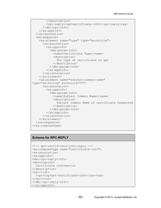 DMI Solutions Guide
- 60 - Copyright © 2013, Juniper Networks, Inc.
</description>
<rpc-reply-tag>certificate-info</rpc-reply-tag>
</dmi:rpc-info>
</xs:appinfo>
</xs:annotation>
<xs:sequence>
<xs:element name="type" type="xs:string">
<xs:annotation>
<xs:appinfo>
<dmi:param-info>
<name>Certificate Type</name>
<description>
The type of certificate to get
</description>
</dmi:param-info>
</xs:appinfo>
</xs:annotation>
</xs:element>
<xs:element name="subject-common-name"
type="xs:string" minOccurs="0">
<xs:annotation>
<xs:appinfo>
<dmi:param-info>
<name>Subject Common Name</name>
<description>
Subject common Name of certificate requested
</description>
</dmi:param-info>
</xs:appinfo>
</xs:annotation>
</xs:element>
</xs:sequence>
</xs:complexType>
Schema for RPC-REPLY
<!-- get-certificate-info-reply -->
<xs:complexType name="certificate-info">
<xs:annotation>
<xs:appinfo>
<dmi:rpc-reply-info>
<description>
Certificate information
</description>
<rpc-list>
<rpc-tag>get-certificate-info</rpc-tag>
</rpc-list>
</dmi:rpc-reply-info>
</xs:appinfo>
 
