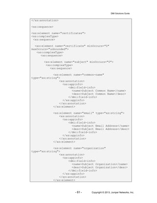 DMI Solutions Guide
- 61 - Copyright © 2013, Juniper Networks, Inc.
</xs:annotation>
<xs:sequence>
<xs:element name="certificates">
<xs:complexType>
<xs:sequence>
<xs:element name="certificate" minOccurs="0"
maxOccurs="unbounded">
<xs:complexType>
<xs:sequence>
<xs:element name="subject" minOccurs="0">
<xs:complexType>
<xs:sequence>
<xs:element name="common-name"
type="xs:string">
<xs:annotation>
<xs:appinfo>
<dmi:field-info>
<name>Subject Common Name</name>
<desc>Subject Common Name</desc>
</dmi:field-info>
</xs:appinfo>
</xs:annotation>
</xs:element>
<xs:element name="email" type="xs:string">
<xs:annotation>
<xs:appinfo>
<dmi:field-info>
<name>Subject Email Address</name>
<desc>Subject Email Address</desc>
</dmi:field-info>
</xs:appinfo>
</xs:annotation>
</xs:element>
<xs:element name="organization"
type="xs:string">
<xs:annotation>
<xs:appinfo>
<dmi:field-info>
<name>Subject Organization</name>
<desc>Subject Organization</desc>
</dmi:field-info>
</xs:appinfo>
</xs:annotation>
</xs:element>
 