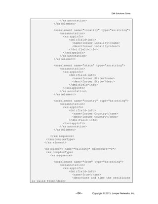 DMI Solutions Guide
- 64 - Copyright © 2013, Juniper Networks, Inc.
</xs:annotation>
</xs:element>
<xs:element name="locality" type="xs:string">
<xs:annotation>
<xs:appinfo>
<dmi:field-info>
<name>Issuer Locality</name>
<desc>Issuer Locality</desc>
</dmi:field-info>
</xs:appinfo>
</xs:annotation>
</xs:element>
<xs:element name="state" type="xs:string">
<xs:annotation>
<xs:appinfo>
<dmi:field-info>
<name>Issuer State</name>
<desc>Issuer State</desc>
</dmi:field-info>
</xs:appinfo>
</xs:annotation>
</xs:element>
<xs:element name="country" type="xs:string">
<xs:annotation>
<xs:appinfo>
<dmi:field-info>
<name>Issuer Country</name>
<desc>Issuer Country</desc>
</dmi:field-info>
</xs:appinfo>
</xs:annotation>
</xs:element>
</xs:sequence>
</xs:complexType>
</xs:element>
<xs:element name="validity" minOccurs="0">
<xs:complexType>
<xs:sequence>
<xs:element name="from" type="xs:string">
<xs:annotation>
<xs:appinfo>
<dmi:field-info>
<name>from</name>
<desc>Date and time the cerificate
is valid from</desc>
 