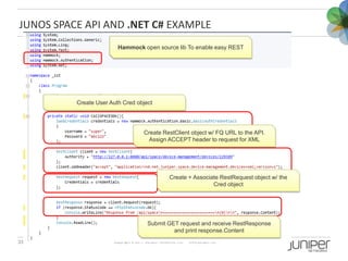 JUNOS SPACE API AND .NET C# EXAMPLE
                         Hammock open source lib To enable easy REST




          Cre...