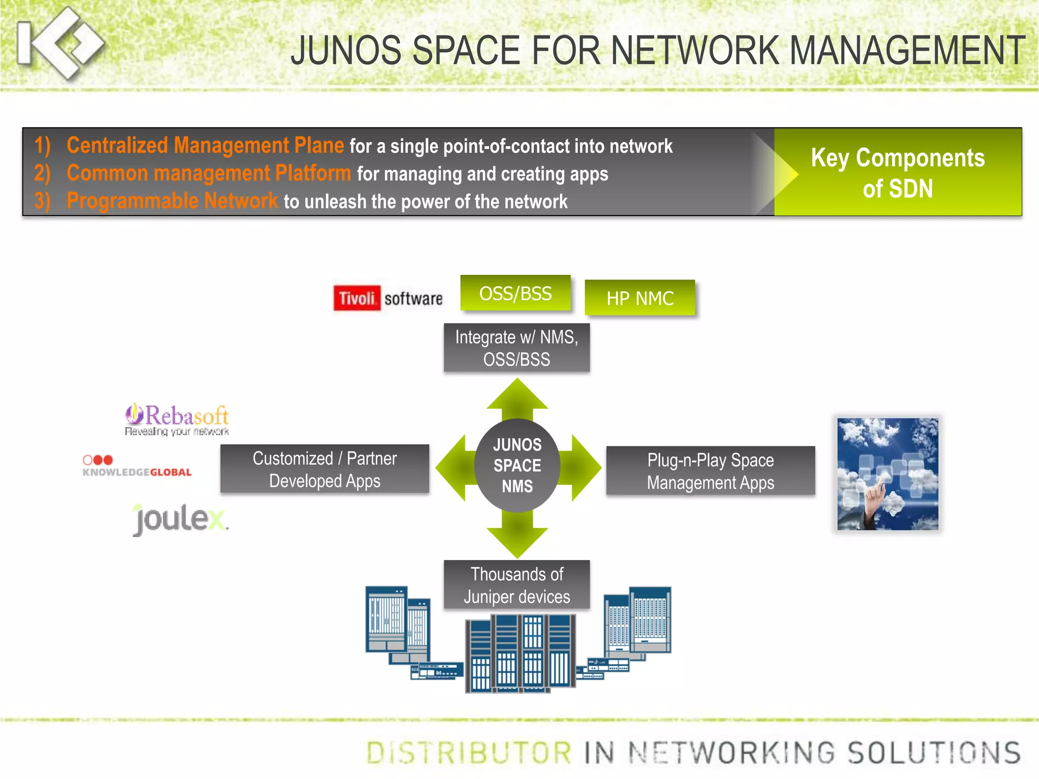 JUNOS SPACE FOR NETWORK MANAGEMENT
JUNOS
SPACE
NMS
Integrate w/ NMS,
OSS/BSS
Thousands of
Juniper devices
Plug-n-Play Space
Management Apps
1) Centralized Management Plane for a single point-of-contact into network
2) Common management Platform for managing and creating apps
3) Programmable Network to unleash the power of the network
Customized / Partner
Developed Apps
OSS/BSS HP NMC
Key Components
of SDN
 