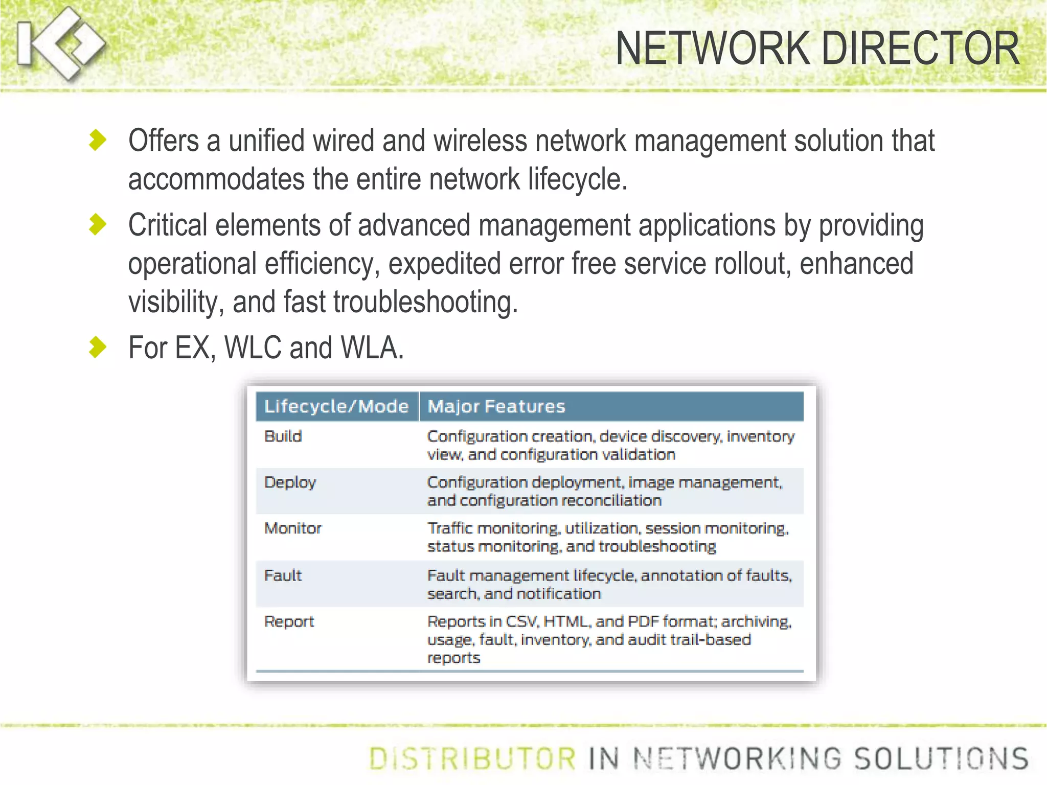 Offers a unified wired and wireless network management solution that
accommodates the entire network lifecycle.
Critical elements of advanced management applications by providing
operational efficiency, expedited error free service rollout, enhanced
visibility, and fast troubleshooting.
For EX, WLC and WLA.
NETWORK DIRECTOR
 