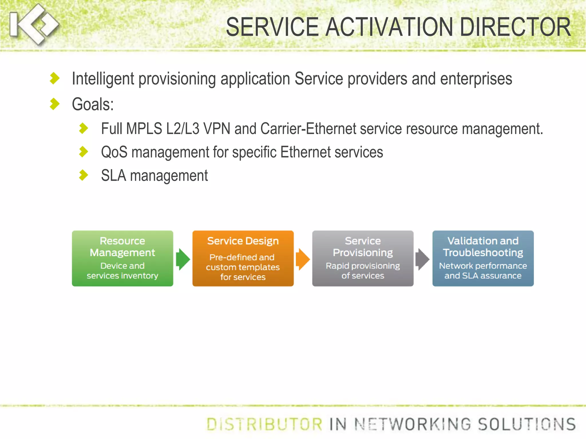 Intelligent provisioning application Service providers and enterprises
Goals:
Full MPLS L2/L3 VPN and Carrier-Ethernet service resource management.
QoS management for specific Ethernet services
SLA management
SERVICE ACTIVATION DIRECTOR
 