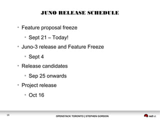 JUNO RELEASE SCHEDULE 
● Feature proposal freeze 
● Sept 21 – Today! 
● Juno-3 release and Feature Freeze 
● Sept 4 
● Release candidates 
● Sep 25 onwards 
● Project release 
● Oct 16 
16 OPENSTACK TORONTO | STEPHEN GORDON 
 
