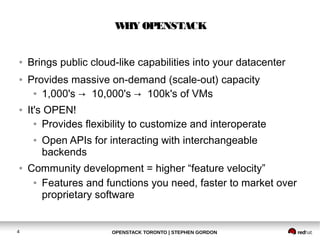 WHY OPENSTACK 
● Brings public cloud-like capabilities into your datacenter 
● Provides massive on-demand (scale-out) capacity 
● 1,000's → 10,000's → 100k's of VMs 
● It's OPEN! 
● Provides flexibility to customize and interoperate 
● Open APIs for interacting with interchangeable 
backends 
● Community development = higher “feature velocity” 
● Features and functions you need, faster to market over 
proprietary software 
OPENSTACK TORONTO 4 | STEPHEN GORDON 
 