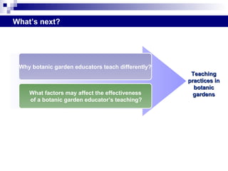 Why botanic garden educators teach differently? What factors may affect the effectiveness of a botanic garden educator’s teaching? Teaching practices in botanic gardens What’s next? 