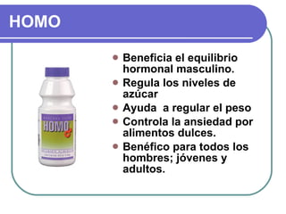 HOMO Beneficia el equilibrio hormonal masculino. Regula los niveles de azúcar Ayuda  a regular el peso  Controla la ansiedad por alimentos dulces. Benéfico para todos los hombres; jóvenes y adultos. 