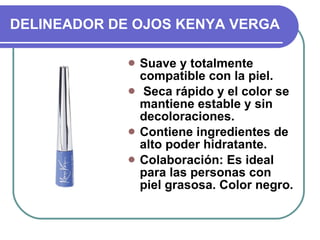 DELINEADOR DE OJOS KENYA VERGA Suave y totalmente compatible con la piel. Seca rápido y el color se mantiene estable y sin decoloraciones. Contiene ingredientes de alto poder hidratante. Colaboración: Es ideal para las personas con piel grasosa. Color negro.   