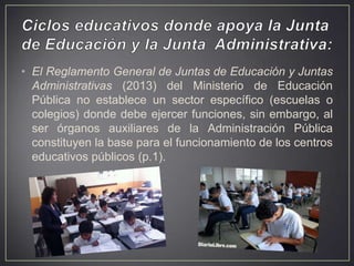 • El Reglamento General de Juntas de Educación y Juntas
Administrativas (2013) del Ministerio de Educación
Pública no establece un sector específico (escuelas o
colegios) donde debe ejercer funciones, sin embargo, al
ser órganos auxiliares de la Administración Pública
constituyen la base para el funcionamiento de los centros
educativos públicos (p.1).

 