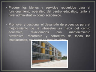 • Proveer los bienes y servicios requeridos para el
funcionamiento operativo del centro educativo, tanto a
nivel administrativo como académico.
• Promover y gestionar el desarrollo de proyectos para el
mejoramiento de la infraestructura física del centro
educativo,
relacionados
con
mantenimiento
preventivo, recurrente y correctivo de todas las
instalaciones, así como de nuevas obras.

 