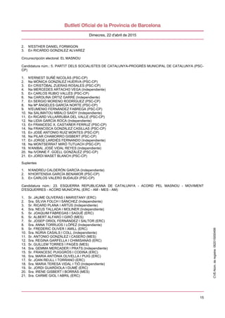 15
Dimecres, 22 d'abril de 2015
2. N'ESTHER DANIEL FORMIGON
3. En RICARDO GONZALEZ ALVAREZ
Circunscripción electoral: EL MASNOU
Candidatura núm.: 5. PARTIT DELS SOCIALISTES DE CATALUNYA-PROGRÉS MUNICIPAL DE CATALUNYA (PSC-
CP)
1. N'ERNEST SUÑÉ NICOLÁS (PSC-CP)
2. Na MÒNICA GONZÁLEZ HUERVA (PSC-CP)
3. En CRISTÓBAL ZUERAS ROSALES (PSC-CP)
4. Na MERCEDES ARTACHO VEGA (Independiente)
5. En CARLOS RUBIO VALLÉS (PSC-CP)
6. Na CAROLINA ORTIZ GARRE (Independiente)
7. En SERGIO MORENO RODRÍGUEZ (PSC-CP)
8. Na Mª ÁNGELES GARCÍA NORTE (PSC-CP)
9. N'EUMENIO FERNÁNDEZ FABREGA (PSC-CP)
10. Na SALIMATOU MBALO SAIDY (Independiente)
11. En RICARD VILLARRUBIA DEL VALLE (PSC-CP)
12. Na LIDIA GARCÍA ROCA (Independiente)
13. En FRANCESC X. CASTAÑER FERRUZ (PSC-CP)
14. Na FRANCISCA GONZÁLEZ CASILLAS (PSC-CP)
15. En JOSÉ ANTONIO RUÍZ MONTES (PSC-CP)
16. Na PILAR CHAMORRO GISBERT (PSC-CP)
17. En JORGE LARDIÉS FERNANDO (Independiente)
18. Na MONTSERRAT MIRÓ TUTUACH (PSC-CP)
19. N'ANIBAL JOSÉ VIDAL REYES (Independiente)
20. Na IVONNE F. GÜELL GONZÁLEZ (PSC-CP)
21. En JORDI MASET BLANCH (PSC-CP)
Suplentes
1. N'ANDREU CALDERÓN GARCÍA (Independiente)
2. N'HORTENSIA GARCÍA BENAMOR (PSC-CP)
3. En CARLOS VALERO BUDAUDI (PSC-CP)
Candidatura núm.: 23. ESQUERRA REPUBLICANA DE CATALUNYA - ACORD PEL MASNOU - MOVIMENT
D'ESQUERRES - ACORD MUNICIPAL (ERC - AM - MES - AM)
1. Sr. JAUME OLIVERAS I MARISTANY (ERC)
2. Sra. SÍLVIA FOLCH I SÁNCHEZ (Independiente)
3. Sr. RICARD PLANA I ARTÚS (Independiente)
4. Sra. NEUS TALLADA I MOLINER (Independiente)
5. Sr. JOAQUIM FÀBREGAS I SAGUÉ (ERC)
6. Sr. ALBERT ALFARO I GIRÓ (MES)
7. Sr. JOSEP ORIOL FERNÀNDEZ I SALTOR (ERC)
8. Sra. ANNA TORRIJOS I LÓPEZ (Independiente)
9. Sr. FREDERIC OLIVER I AMILL (ERC)
10. Sra. NÚRIA CASALS I COLL (Independiente)
11. Sr. ANTONIO GONZÁLEZ I CASERO (MES)
12. Sra. REGINA GARFELLA I CHIMISANAS (ERC)
13. Sr. GUILLEM TORRES I PAGÈS (MES)
14. Sra. GEMMA MERCADER I PRATS (Independiente)
15. Sr. FRANCESC PUIGGRÓS I CODINA (ERC)
16. Sra. MARIA ANTÒNIA OLIVELLA I PUIG (ERC)
17. Sr. JOAN REULL I TORRANO (ERC)
18. Sra. MARIA TERESA VIDAL I TIÓ (Independiente)
19. Sr. JORDI GUARDIOLA I DUMÉ (ERC)
20. Sra. IRENE GISBERT I BORRÀS (MES)
21. Sra. CARME GIOL I ABRIL (ERC)
CVE-Núm.deregistre:062015000499
 