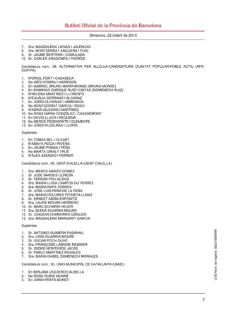 2
Dimecres, 22 d'abril de 2015
7. Sra. MAGDALENA LIENAS I JALENCAS
8. Sra. MONTSERRAT ANGUERA I PUIG
9. Sr. JAUME BERTRAN I COMULADA
10. Sr. CARLES ARAGONÉS I PADRÓS
Candidatura núm.: 58. ALTERNATIVA PER ALLELLA-CANDIDATURA D'UNITAT POPULAR-POBLE ACTIU (APA-
CUP-PA)
1. N'ORIOL FONT I CASASECA
2. Na INÉS IVORRA I HARRISON
3. En GABRIEL BRUNO MARÍA MONSE (BRUNO MONSE)
4. En DOMINGO ENRIQUE RUIZ I CINTAS (DOMÈNECH RUIZ)
5. N'HELENA MARTÍNEZ I LLORENTE
6. N'EULÀLIA SERRANO I ALCARAZ
7. En JORDI OLIVERAS I ARMENGOL
8. Na MONTSERRAT GARCIA I ROSO
9. N'ADRIÀ IGLESIAS I MARTÍNEZ
10. Na ROSA MARIA GONZÀLEZ I CASADEMONT
11. En DAVID LLUCH I REQUENA
12. Na MERCÈ PEDEMONTE I CLEMENTE
13. En JORDI PUJOLRÀS I LLOPIS
Suplentes
1. En TOMÀS BEL I OLEART
2. N'AMAYA ROCA I RIVERA
3. En JAUME PONSA I PEÑA
4. Na MARTA GIRALT I RUÉ
5. N'ÀLEX ASENSIO I FERRER
Candidatura núm.: 69. GENT D'ALELLA (GENT D'ALELLA)
1. Sra. MERCE MARZO GOMEZ
2. Sr. JOSE BARDES CONESA
3. Sr. FERRAN POU ALSIUS
4. Sra. MARIA LUISA CAMPOS GUTIERREZ
5. Sra. MARIA RAFA TORRES
6. Sr. JOSE LUIS PEÑA DE LA PEÑA
7. Sra. MARIA DOLORES PITARCH LLANO
8. Sr. ERNEST ARISA EXPOSITO
9. Sra. LAURA MOURE HERRERO
10. Sr. MARC ECHARRI HEUER
11. Sra. ELENA GUARDIA MOURE
12. Sr. JOAQUIN CHAMORRO GIRALDO
13. Sra. MAGDALENA MARGARIT GARCIA
Suplentes
1. Sr. ANTONIO GUIMERA PASANAU
2. Sra. LIDIA GUARDIA MOURE
3. Sr. OSCAR POCH OLIVE
4. Sra. FRANÇOISE LABADIE REGNIER
5. Sr. ISIDRO MONTERDE JACAS
6. Sr. PABLO MARTINEZ ROSALES
7. Sra. MARIA ISABEL DOMENECH MORALES
Candidatura núm.: 93. UNIO MUNICIPAL DE CATALUNYA (UMdC)
1. En BENJAMI IZQUIERDO ALBELLA
2. Na ROSA RUBIO MUNNÉ
3. En JORDI PRATS BONET
CVE-Núm.deregistre:062015000499
 