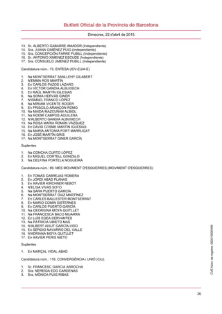 26
Dimecres, 22 d'abril de 2015
13. Sr. ALBERTO GABARRE AMADOR (Independiente)
14. Sra. JUANA GIMÉNEZ PUIG (Independiente)
15. Sra. CONCEPCIÓN FARRE PUBILL (Independiente)
16. Sr. ANTONIO XIMENEZ ESCUDE (Independiente)
17. Sra. CONSUELO JIMENEZ PUBILL (Independiente)
Candidatura núm.: 73. ENTESA (ICV-EUiA-E)
1. Na MONTSERRAT SANLLEHY GILABERT
2. N'EMMA ROS MARTÍN
3. En CARLOS PAZOS LÁZARO
4. En VÍCTOR GANDIA ALBUIXECH
5. En RAÜL MARTÍN IGLESIAS
6. Na SONIA HERVÁS GINER
7. N'ISMAEL FRANCO LÓPEZ
8. Na MÍRIAM VICENTE ROGER
9. En PRISCILO ARANCÓN ROMO
10. Na MAIDA MAZCUÑÁN ALBIOL
11. Na NOEMÍ CAMPOS AGUILERA
12. N'ALBERTO GANDIA ALBUIXECH
13. Na ROSA MARIA ROMÁN VÁZQUEZ
14. En DAVID COSME MARTÍN IGLESIAS
15. Na MARIA ANTONIA FORT MARRUGAT
16. En JOSÉ MARTÍN GRIS
17. Na MONTSERRAT GINER GARCÍA
Suplentes
1. Na CONCHA CURTO LÓPEZ
2. En MIGUEL CORTELL GONZALO
3. Na DELFINA PORTELA NOGUEIRA
Candidatura núm.: 89. MES MOVIMENT D'ESQUERRES (MOVIMENT D'ESQUERRES)
1. En TOMÀS CABREJAS ROMERA
2. En JORDI ABAD PLANAS
3. En XAVIER KIRCHNER NEBOT
4. N'ELISA VIVAS SOTO
5. Na SARA PUERTO GARCÍA
6. Na MONTSERRAT DIAZ MARTÍNEZ
7. En CARLES BALLESTER MONTSERRAT
8. En MARIO COMIN SISTERNES
9. En CARLOS PUERTO GARCÍA
10. Na GEORGINA MOYA QUITLLET
11. Na FRANCESCA BACO MIJARRA
12. En LUÍS EGEA CERVANTES
13. Na PATRICIA UBIETO MAS
14. N'ALBERT AIXUT GARCÍA-VISO
15. En SERGIO NAVARRO DEL VALLE
16. N'ADRIANA MOYA QUITLLET
17. En XAVIER PERIS NIETO
Suplentes
1. En MARÇAL VIDAL ABAD
Candidatura núm.: 116. CONVERGÈNCIA i UNIÓ (CiU)
1. Sr. FRANCESC GARCIA ARROCHA
2. Sra. NEREIDA EDO CARDENAS
3. Sra. MÒNICA PUIG RIBAS
CVE-Núm.deregistre:062015000499
 