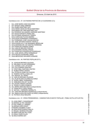 32
Dimecres, 22 d'abril de 2015
Candidatura núm.: 47. CIUTADANS-PARTIDO DE LA CIUDADANIA (C's)
1. Don JOSÉ MARÍA CANO NAVARRO
2. Don SERGIO SANZ GIMENEZ
3. Don RUBÉN MARTÍNEZ GOY
4. Doña MARÍA ANGELES RECIO MARTÍNEZ
5. Doña MARÍA DEL MAR MARTÍNEZ GOY
6. Don RODRIGO ALEJANDRO ANDRADE MARTÍNEZ
7. Don DAVID ESPÓSITO PEÑALVER
8. Don ESTEBAN GRANADOS TARRÉS
9. Doña CAROLINA PUCHE ANDRÉS
10. Doña ROSA FERNÁNDEZ FERNÁNDEZ
11. Don FERNANDO JOSÉ LAGUNA MOLINA
12. Don JOSÉ ANTONIO PUENTE FONTELA
13. Doña KHADEJA EL FOKI BENAMAR ABDESLAM
14. Doña MARIANA DE LOS SANTOS FERRERAS
15. Don FRANCISCO BAENA GÓMEZ
16. Don CARLOS MELERO PASCUA
17. Doña ROSARIO ESCRIG AINOZA
18. Don FRANCISCO RODRÍGUEZ RODRÍGUEZ
19. Don JUAN JESÚS LÓPEZ GONNZÁLEZ
20. Doña NIEVES AVENDAÑO JERÉZ
21. Doña MERCEDES NAVARRO DONAIRE
Candidatura núm.: 49. PARTIDO POPULAR (P.P.)
1. Sr. JOAQUIN BRIONES IGLESIAS
2. Sr. ORLANDO VILLAR FERNÁNDEZ
3. Sra. AURORA JUVE LAFUENTE
4. Sra. EVA FORNIER SANCHEZ
5. Sr. CRISTOBAL SANTANA CASTRO
6. Sr. RUBEN PÉREZ CRIADO
7. Sra. PATRICIA ALMECIJA CASERO
8. Sr. RAMÓN CASTELLS BALLUS
9. Sra. RAQUEL GIL PÉREZ
10. Sr. CARLOS BRIONES IGLESIAS
11. Sra. PILAR BLANCA SUAREZ ÁLVAREZ
12. Sr. PEDRO ABRIL FERNÁNDEZ
13. Sr. EDMUNDO DOLCET OLIVES
14. Sra. ESTER CRIADO CASTRO
15. Sr. PEDRO FLORES ROMERO
16. Sra. MARÍA SÁNCHEZ MOYA (Independiente)
17. Sr. FRANCISCO LÓPEZ PÉREZ
18. Sr. MATIAS J. HERRERO SERRALTA
19. Sra. CRISTINA BRIONES RODRÍGUEZ (Independiente)
20. Sra. INMACULADA DELGADO ÁLVAREZ (Independiente)
21. Sr. PATRICK CRUZ MOLERO
Candidatura núm.: 61. CRIDA PREMIANENCA - CANDIDATURA D'UNITAT POPULAR - POBLE ACTIU (CP-CUP-PA)
1. En JOAN RIBET I CASADEMUNT
2. Na MARINA ALTÉS I MAGRET
3. En PAU PAÑELLA I SÁNDEZ
4. Na BRENDA BÄR KWAST
5. N'ANDREU MUMBRÚ FUXET
6. Na SARA MONTESINOS PINILLA
7. En MIQUEL MORENO ROLDÁN
8. Na MARTA MEJÍAS PELLICER
9. En DÍDAC PAIRÓ PUJOL
10. Na NEUS SERRA GAY
CVE-Núm.deregistre:062015000499
 