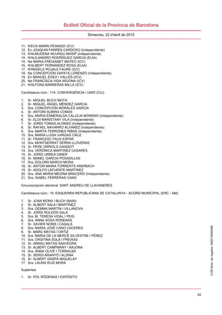 34
Dimecres, 22 d'abril de 2015
11. N'EVA MARIN PEINADO (ICV)
12. En JOAQUIN FARRÉS CARDOSO (Independiente)
13. N'ALMUDENA NCUNGU MASIP (Independiente)
14. N'ALEJANDRO RODRÍGUEZ GARCIA (EUiA)
15. Na MARIA FREIXANET MATEO (ICV)
16. N'ALBERT FERNÁNDEZ ROSA (EUiA)
17. N'ÁNGELS ROJALS FAURE (ICV)
18. Na CONCEPCIÓN ZAPATA LORENZO (Independiente)
19. En MANUEL EGEA I VALLÉS (ICV)
20. Na FRANCISCA VIDA ARJONA (ICV)
21. N'ALFONS BARRERAS MILLA (ICV)
Candidatura núm.: 114. CONVERGÈNCIA i UNIÓ (CiU)
1. Sr. MIQUEL BUCH MOYA
2. Sr. MIQUEL ÀNGEL MÉNDEZ GARCIA
3. Sra. CONCEPCIÓN MORALES GARCIA
4. Sr. ANTONI SUBIRA COMAS
5. Sra. MARIA ESMERALDA CALLEJA MORENO (Independiente)
6. Sr. ELOI MARISTANY VILA (Independiente)
7. Sr. JORDI TOMAS ALONSO (Independiente)
8. Sr. RAFAEL NAVARRO ALVAREZ (Independiente)
9. Sra. MARTA TERRONES RIBAS (Independiente)
10. Sra. MARIA LUISA VARGAS CRUZ
11. Sr. FRANCESC FAUS ESPAR
12. Sra. MONTSERRAT SERRA LLOVERAS
13. Sr. PERE ORRIOLS GAISSOT
14. Sra. VERÓNICA MARTINEZ CASARES
15. Sr. JORDI URREA GINER
16. Sr. MANEL GARCIA POSADILLAS
17. Sra. DOLORS MARCH MORA
18. Sr. ANTON MARIA TORRENTS ANDIÑACH
19. Sr. ADOLFO LAFUENTE MARTINEZ
20. Sra. ANA MARIA MEDINA BRACERO (Independiente)
21. Sra. ISABEL FERRERAS CANO
Circunscripción electoral: SANT ANDREU DE LLAVANERES
Candidatura núm.: 10. ESQUERRA REPUBLICANA DE CATALUNYA - ACORD MUNICIPAL (ERC - AM)
1. Sr. JOAN MORA I BUCH (NANI)
2. Sr. ALBERT SALA I MARTÍNEZ
3. Sra. GEMMA MARTÍN I VILLANOVA
4. Sr. JORDI ROLDÓS SALA
5. Sra. M. TERESA VIDAL I PEIG
6. Sra. ANNA SOSA RÓDENAS
7. Sr. XAVIER NOMS I CASALS
8. Sra. MARIA JOSÉ CANO CACERES
9. Sr. MARC MATAS I ORTIZ
10. Sra. MARIA DE LA MERCÈ SILVESTRE I PÉREZ
11. Sra. CRISTINA SOLÀ I FREIXAS
12. Sr. ARNAU MATAS SAAVEDRA
13. Sr. ALBERT CAMPMANY I BAJONA
14. Sra. ANNA OLIVÉ I TORRALBA
15. Sr. SERGI ARANYÓ I ALSINA
16. Sr. ALBERT GASPÀ MIQUELAY
17. Sra. LAURA RUIZ MORA
Suplentes
1. Sr. POL RÓDENAS I EXPÓSITO
CVE-Núm.deregistre:062015000499
 
