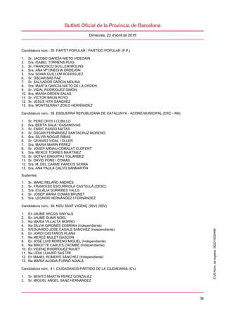 38
Dimecres, 22 d'abril de 2015
Candidatura núm.: 26. PARTIT POPULAR / PARTIDO POPULAR (P.P.)
1. Sr. JACOBO GARCÍA-NIETO VIDEGAIN
2. Sra. ISABEL TORRENS PUIG
3. Sr. FRANCISCO GUILLEM MOLINS
4. Sra. ANA Mª ONECHA ORDEJON
5. Sra. SONIA GUILLEM RODRÍGUEZ
6. Sr. ÓSCAR BAS FAZ
7. Sr. SALVADOR GARCÍA MOLINA
8. Sra. MARTA GARCÍA-NIETO DE LA ORDEN
9. Sr. VIDAL RODRÍGUEZ SIMÓN
10. Sra. MARÍA ORDEN SALAS
11. Sr. VÍCTOR BRUN ROYO
12. Sr. JESÚS HITA SÁNCHEZ
13. Sra. MONTSERRAT ZOILO HERNÁNDEZ
Candidatura núm.: 38. ESQUERRA REPUBLICANA DE CATALUNYA - ACORD MUNICIPAL (ERC - AM)
1. Sr. PERE ORTS I CUBILLO
2. Sra. BERTA SALA I CASANOVAS
3. Sr. ENRIC PARDO MATAS
4. Sr. ÒSCAR FERNÁNDEZ SANTACRUZ MORENO
5. Sra. SÍLVIA NOGUÉ RIBAS
6. Sr. GERARD VIDAL I OLLER
7. Sra. MARIA MARÍN PÉREZ
8. Sr. JOSEP ARNAU COMALAT CLOFENT
9. Sra. MERCÈ TORRES MARTÍNEZ
10. Sr. OCTAVI ENGUITA I YGUARBEZ
11. Sr. DAVID PONS I COMAS
12. Sra. M. DEL CARME PARDOS SERRA
13. Sra. ANA PAULA CALVO SANMARTÍN
Suplentes
1. Sr. MARC RELAÑO ANDRÉS
2. Sr. FRANCESC ESCURRIOLA CASTELLÀ (CESC)
3. Sra. EULÀLIA SORRIBES VALLS
4. Sr. JOSEP MARIA COMAS BRUNET
5. Sra. LEONOR HERNÁNDEZ I FERNÁNDEZ
Candidatura núm.: 39. NOU SANT VICENÇ (9SV) (9SV)
1. En JAUME ARCOS VINYALS
2. En JAUME GUMÀ NOEL
3. Na MARIA VILLALTA MORRO
4. Na SÍLVIA GIRONÉS CEBRIAN (Independiente)
5. N'EDUARDO JOSE CASALS SÁNCHEZ (Independiente)
6. En JORDI CASTAÑOS PLANA
7. Na MERCÈ MULET GASCON
8. En JOSÉ LUIS MORENO MIGUEL (Independiente)
9. Na BRIGITTE CARLES CROMBÉ (Independiente)
10. En VICENÇ RODRÍGUEZ RAUET
11. Na LÍDIA LLAURÓ SASTRE
12. En MANEL ROMERO SÁNCHEZ (Independiente)
13. Na MARIA ALODIA FURNÓ AIXALÀ
Candidatura núm.: 41. CIUDADANOS-PARTIDO DE LA CIUDADANIA (C's)
1. Sr. BENITO MARTIN PEREZ GONZALEZ
2. Sr. MIGUEL ANGEL SANZ HERNANDEZ
CVE-Núm.deregistre:062015000499
 