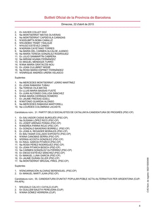 4
Dimecres, 22 d'abril de 2015
2. En XAVIER COLLET DIVÍ
3. Na MONTSERRAT MATAS OLIVERAS
4. Na MONTSERRAT CAPDEVILA CAÑADAS
5. N'ASSUMPTA BOBA CABALLÉ
6. N'EUSEBIO TRABY YSALGUE
7. N'HUGO ESTÉVEZ CANDO
8. N'ADRIÁN CAYETANO TORRES
9. Na MARÍA DEL CARMEN ALCALDE JUANDO
10. Na MARÍA TERESA GONZÁLEZ RODRÍGUEZ
11. En JULIO SANMARTÍN CABRERA
12. Na MIRIAM AGAMA FERNÁNDEZ
13. En MIGUEL MENDOZA TURRÓ
14. N'ANA MARÍA GRATACÓS NOU
15. En JOAN CULUBRET MISSÉ
16. Na ROSA MARIA ESPINET FERNÁNDEZ
17. N'ENRIQUE ANDRÉS UREÑA VELASCO
Suplentes
1. Na MERCEDES MONTSERRAT JORRO MARTÍNEZ
2. En JOAN RABASSA TUBAU
3. Na TERESA VILA MATAS
4. En LLUIS MARIA BASSAS FUSTÉ
5. En JUAN ALFONSO CHILLIDA SÁNCHEZ
6. N'ANA MARÍA CERRADA ROMERO
7. En JAUME FREIXAS GÜELL
8. N'ANTONIO GUARDIA ALONSO
9. Na MERCEDES RABASSA MARTORELL
10. Na LOURDES COLOMINAS LACASTA
Candidatura núm.: 31. PARTIT DELS SOCIALISTES DE CATALUNYA-CANDIDATURA DE PROGRÉS (PSC-CP)
1. En SALVADOR CASAS BURGUÉS (PSC-CP)
2. Na SUSANA LÓPEZ RICO (PSC-CP)
3. En JOSEP ARENAS PONSA (PSC-CP)
4. N'ANDREA PARRA ROJO (PSC-CP)
5. En GONZALO BAIXERAS BORRELL (PSC-CP)
6. En JOAN A. REGADER MORALES (PSC-CP)
7. En BALTASAR COLLADO EXPOSITO (PSC-CP)
8. N'AINA CANOBAS SERRA (PSC-CP)
9. N'ERIKA ACOSTA GONZÁLEZ (PSC-CP)
10. En RAÚL GARCÍA PITARCH (PSC-CP)
11. Na ROSA PÉREZ RODRÍGUEZ (PSC-CP)
12. En JOAN PITARCH BOSCH (PSC-CP)
13. Na CARMEN GONZÁLEZ GUTIÉRREZ (PSC-CP)
14. En DIEGO ESTÉVEZ SÁNCHEZ (PSC-CP)
15. En MANUEL LUNA GARCÍA (PSC-CP)
16. En JAUME DURAN OLLER (PSC-CP)
17. Na MONTSERRAT BRUGAL PIÑOL (PSC-CP)
Suplentes
1. N'ENCARNACIÓN ALCARAZ BERENGUEL (PSC-CP)
2. En MANUEL MARTÍ JUAN (PSC-CP)
Candidatura núm.: 55. CANDIDATURA D'UNITAT POPULAR-POBLE ACTIU-ALTERNATIVA PER ARGENTONA (CUP-
PA-APA)
1. N'EUDALD CALVO I CATALÀ (CUP)
2. En GUILLEM SALETA PEREJOAN (CUP)
3. N'AINA GÓMEZ HERRERA (CUP)
CVE-Núm.deregistre:062015000499
 