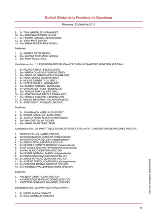 42
Dimecres, 22 d'abril de 2015
9. Sr. TONI MARGALEF HERNÁNDEZ
10. Sra. MARIONA CEBRIÁN ULÈCIA
11. Sr. FERRAN PASCUAL BERGHAENEL
12. Sr. JORDI MARÍ ESPUNY
13. Sra. MARIA TERESA MAS ROMEU
Suplentes
1. Sr. ANDRÉS ORTIZ MASSÓ
2. Sra. DAVINIA FERRANDO GARCÍA
3. Sra. ANNA PUIG LORCA
Candidatura núm.: 11. ESQUERRA REPUBLICANA DE CATALUNYA-ACORD MUNICIPAL (ERC-AM)
1. Sr. RICARD FABRA I ESCOLÀ (ERC)
2. Sra. MARTA GUARDIA I PUJADAS (ERC)
3. Sra. MARIA DE GÀDOR AYRA I PAGAN (ERC)
4. Sr. ORIOL SICRAS I MAINAR (ERC)
5. Sr. MIQUEL GISBERT I GIL (ERC)
6. Sr. ESTEVE GIRALT I HERNÀNDEZ
7. Sra. BLANCA BORRÀS I QUINTANAL
8. Sr. MARIANO ESTEVES I DOMERGUE
9. Sra. TERESA PINA I VILARÓ (ERC)
10. Sra. MONTSERRAT RÀFOLS I BAÑA (ERC)
11. Sra. MÒNICA ESQUIVEL I BERENGUER
12. Sr. MIQUEL NAVARRO I VILLACAMPA (ERC)
13. Sr. JORDI GOST I ROSQUELLAS (ERC)
Suplentes
1. Sr. JOAN RAMON VARELA I PUIG (ERC)
2. Sr. ROGER CASELLAS I AYRA (ERC)
3. Sr. JUAN ANTONIO ALBERTI I RODRIGUEZ
4. Sra. ANA CASTELLAR I SOLER
5. Sra. MARIA PILAR TANG I ROIG
Candidatura núm.: 20. PARTIT DELS SOCIALISTES DE CATALUNYA - CANDIDATURA DE PROGRÉS (PSC-CP)
1. N'ESTHER PUJOL MARTÍ (PSC-CP)
2. Na NURIA BLASCO CERVERA (Independiente)
3. Na NÚRIA GARCÍA SEGUER (Independiente)
4. En SERGIO DÀVILA BORRAZ (PSC-CP)
5. En XAVIER E. DOÑATE RODRIGO (Independiente)
6. Na Mª LLUÏSA SEGURA FERRANDO (Independiente)
7. En PAU BLASCO CERVERA (PSC-CP)
8. Na GEMMA ARRABAL AUBIOL (Independiente)
9. En PEDRO SÁNCHEZ SÁNCHEZ (PSC-CP)
10. En JORGE PUYALTÓ QUINTANA (PSC-CP)
11. En JOSÉ Mª TOFFOLI CARBONELL (Independiente)
12. Na CATERINA MIERAS BARCELÓ (PSC-CP)
13. En FERNANDO VALLESPINÓS RIERA (PSC-CP)
Suplentes
1. N'ALBERT GARRIT CANO (PSC-CP)
2. Na MERCEDES SERRANO GÓMEZ (PSC-CP)
3. N'HÉCTOR GONZÁLEZ GUIJARRO (PSC-CP)
Candidatura núm.: 25. PARTIDO POPULAR (P.P.)
1. Sr. DIEGO PARRA GIGANTE
2. Sr. RAÚL GONZALO SÁNCHEZ
CVE-Núm.deregistre:062015000499
 
