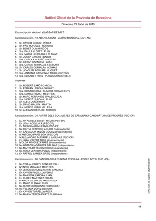 44
Dimecres, 22 d'abril de 2015
Circunscripción electoral: VILASSAR DE DALT
Candidatura núm.: 18. ARA VILASSAR - ACORD MUNICIPAL (AV - AM)
1. Sr. XAVIER GODÀS I PÉREZ
2. Sr. PAU MORALES I ROMERO
3. Sr. BENET OLIVA I RICÓS
4. Sra. PAULA LLORET I PUIG
5. Sra. MARIA LLUÏSA RUHÍ PLANAS
6. Sr. JOSEP CARLOS I BABOT
7. Sra. CAROLA LLAURÓ I SASTRE
8. Sr. CÈSAR CARMONA I LASO
9. Sra. CARME TERRADAS I SABORIT
10. Sr. CARLES CORBALÁN I COMAS
11. Sr. JOAQUIM AGUILAR I HUGUET
12. Sra. ANTÒNIA CARMONA I TRUJILLO (TOÑI)
13. Sra. ELISABET PONS I PUIGDOMÈNECH (ELI)
Suplentes
1. Sr. ROBERT SAMÓ I GARCIA
2. Sr. FERRAN LORCA I GRUART
3. Sra. ROSARIO ROA I BLANCO (ROSACHELY)
4. Sra. MARTA PUJOL I MESTRES
5. Sr. MARC FERRANDIS I PALENZUELA
6. Sra. MERCÈ LLIMONA I PUIG
7. Sr. ALEIX DUÑÓ I RUHÍ
8. Sr. DAVID NAUDÍN I MARTÍN
9. Sra. MERCÈ JUAN I MILLERA
10. Sr. ALEXANDRE PUIG I TORRES
Candidatura núm.: 34. PARTIT DELS SOCIALISTES DE CATALUNYA-CANDIDATURA DE PROGRÉS (PSC-CP)
1. Na Mª ÀNGELS BOSCH MAURI (PSC-CP)
2. En JOAN ADELL PLA (PSC-CP)
3. En DIEGO MARÍN UFANO (PSC-CP)
4. Na CINTIA CERRUDO AGUDO (Independiente)
5. En SALVADOR MAZÓN GÓMEZ (Independiente)
6. N'ANTONIO PARÍS BOIX (PSC-CP)
7. N'ALEJANDRO PASSARELL LAGUNAS (PSC-CP)
8. En JUAN VALERA ABRIL (Independiente)
9. N'OLGA MÍNGUEZ FARRÉ (Independiente)
10. Na IMMACULADA ROCA SALINAS (Independiente)
11. Na MARTA BETÉS SANCHO (Independiente)
12. Na ROSA VENTURA PUJOL (Independiente)
13. En RAFAEL LAMBEA ORTIZ (Independiente)
Candidatura núm.: 60. CANDIDATURA D'UNITAT POPULAR - POBLE ACTIU (CUP - PA)
1. Na TEIA ÀLVAREZ I PONS DE VALL
2. N'ENRIC MIRALLES MESTRES
3. En JESÚS SANCHEZ-MARÍN SANCHEZ
4. En XAVIER PUJOL LLOVERAS
5. Na MARIONA ZAMORA JUAN
6. En RUBÈN MARTÍNEZ PRATS
7. N'AINOA GILERA DE MADARIAGA
8. En MARC PLANAS I PUIG
9. Na RUTH COROMINAS RODRÍGUEZ
10. Na YELENIA LÓPEZ DENGRA
11. En XAVIER TORRELLA ROSA
12. Na MARIA TERESA PRATS SUBIRANA
CVE-Núm.deregistre:062015000499
 