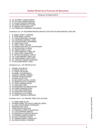 6
Dimecres, 22 d'abril de 2015
12. Sra. ELISABET LOZANO GARCÍA
13. Sra. Mª LUISA JURADO SEGOVIA
14. Sr. ELADIO FRAGOSO FRAGOSO
15. Sra. MARÍA MANERO DE LA ROZA
16. Sr. MANUEL VALLS MONTOYA
17. Sra. FRANCISCA CARBONELL NOGUERAS
Candidatura núm.: 94. ESQUERRA REPUBLICANA DE CATALUNYA-ACORD MUNICIPAL (ERC-AM)
1. Sr. MANEL PÉREZ I CORONAS
2. Sr. PERE MÓRA I JUVINYÀ
3. Sr. CARLES MARTÍNEZ I QUIROGA
4. Sra. GEORGINA SABADELL I SIMÓ
5. Sra. ESTHER PEREA I HERNÁNDEZ
6. Sr. JOSEP PENA I SANT
7. Sr. ENRIC TRABY I SALGUE
8. Sra. MARIA PILAR BATLLE I CASTARLENAS
9. Sr. ANTONI ROSA I OLIVERA
10. Sra. MIREIA GURRI I LLADÓ
11. Sr. JORDI BARROSO I CABALLER
12. Sr. JOAN LOPEZ I GRAUPERA
13. Sr. MATIES COLOMINAS I CUNYAT
14. Sra. ILONA XIMENES I AMETLLER
15. Sra. MONTSERRAT VIURA I FORTI
16. Sra. CRISTINA PANNON I BONILAURI
17. Sr. SALVADOR MORA I VIURA
Candidatura núm.: 105. ENTESA (ICV-E)
1. N'ÀNGEL PUIG BOLTÀ
2. En MIQUEL NIETO GIL
3. En JOSEP FITÉ ROURA
4. Na ISABEL SUNYER MARFÀ
5. N'ARACELI FERRER CÀMARA
6. N'ÒSCAR VÀZQUEZ MUÑOZ
7. Na IMMA COLLET DIVÍ
8. En SALVADOR CALAFELL VIAYNA
9. Na GEMMA NICOLAU CARBONELL
10. En JOSEP FAMADAS SOLER
11. En JOAN ABRIL ABRIL
12. Na MARGARIDA COLOMER ROVIRA
13. Na CARME FAMADAS SOLER
14. En JOAN VERA DOMÍNGUEZ
15. Na CONCEPCIÓ SALA PONS
16. En FRANCESC VILLÀ PARDO
17. Na ISABEL TARRUELLA BERNAUS
Candidatura núm.: 112. SOM DEL POBLE (Som del Poble)
1. En JAIME URIBE OLLER
2. Na MARIA ISABEL DE LECEA FLORES DE LEMOS
3. En JOSE CARLOS MENAL RODRIGUEZ
4. N'ENRIQUE SAU CRUZ
5. N'AIDA BUSTOS SAUCEDO
6. En FRANCESC JOSEP CATALAN COLL
7. En LUIS GUERRERO MENDEZ
8. Na CAROLINA ALTAGRACIA BATISTA
9. En ROSENDO DOMINGO BARTOLI
10. Na VIOLETA DANIELA COSOR
11. En FERNANDO MARTI CARCELLER
12. Na CRINA VALERICA TUDORAN
CVE-Núm.deregistre:062015000499
 