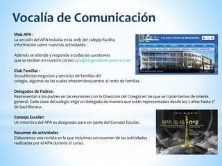 Web APA :
La sección del APA incluida en la web del colegio facilita
información sobre nuestras actividades.
Además se atiende y responde a todas las cuestiones
que se reciben en nuestro correo apa@virgendemirasierra.com
Club Familiar :
Se publicitan negocios y servicios de familias del
colegio, algunos de las cuales ofrecen descuentos al resto de familias.
Delegados de Padres:
Representan a los padres en las reuniones con la Dirección del Colegio en las que se tratan temas de interés
general. Cada clase del colegio elige un delegado de manera que están representados desde los 2 años hasta 2º
de bachillerato.
Consejo Escolar:
Un miembro del APA es designado para ser parte del Consejo Escolar.
Resumen de actividades
Elaboramos una revista en la que incluimos un resumen de las actividades
realizadas por el APA durante el curso.
Vocalía de Comunicación
 