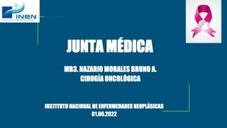 DEPARTAMENTO DE CIRUGÍA MAMAS Y TUMORES
BLANDOS
JUNTA MÉDICA
MR3. NAZARIO MORALES BRUNO A.
CIRUGÍA ONCOLÓGICA
INSTITUTO NACIONAL DE ENFERMEDADES NEOPLÁSICAS
01.06.2022
 