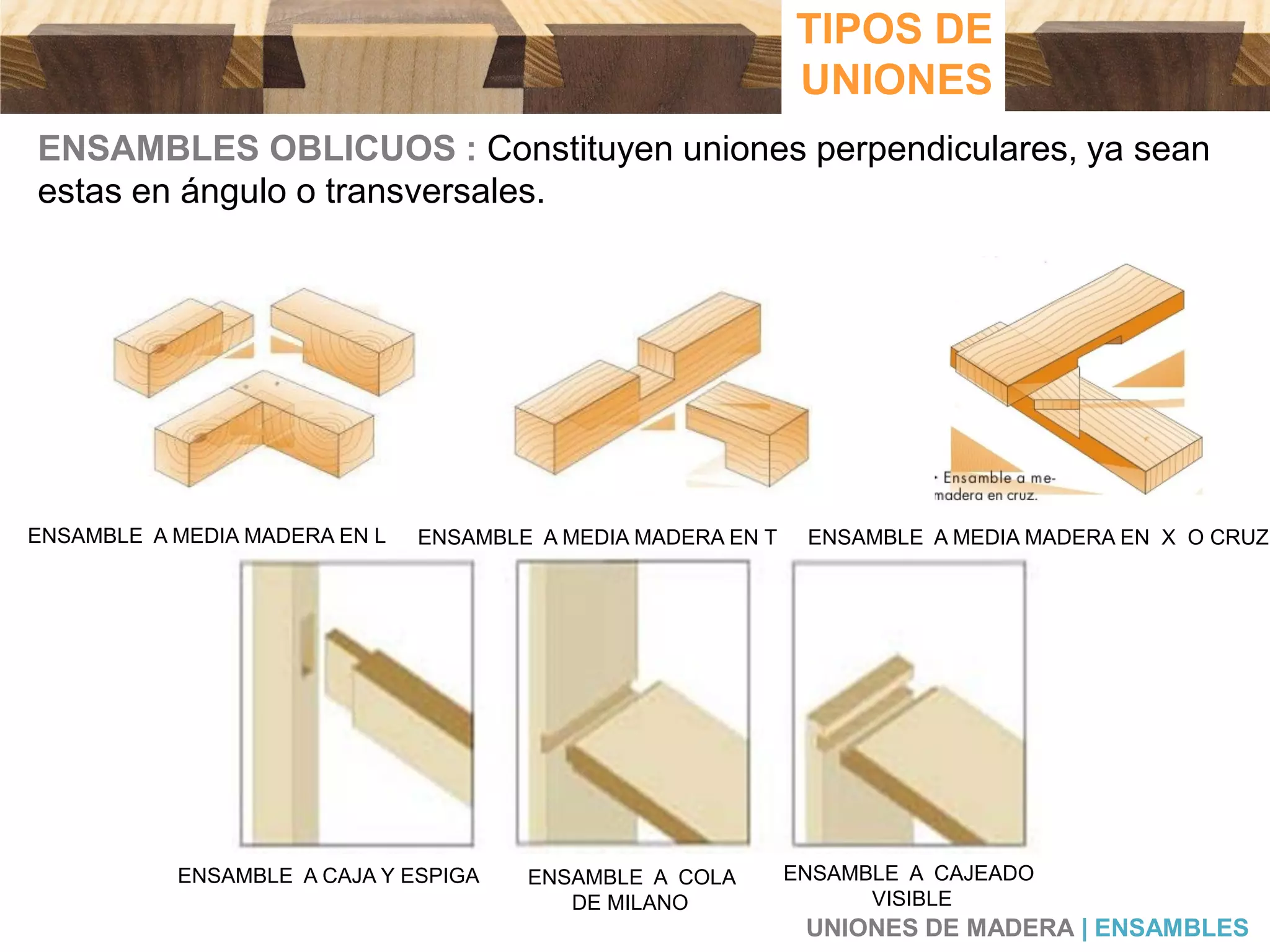 TIPOS DE
UNIONES
UNIONES DE MADERA | ENSAMBLES
ENSAMBLES OBLICUOS : Constituyen uniones perpendiculares, ya sean
estas en ángulo o transversales.
ENSAMBLE A MEDIA MADERA EN L ENSAMBLE A MEDIA MADERA EN T ENSAMBLE A MEDIA MADERA EN X O CRUZ
ENSAMBLE A CAJA Y ESPIGA ENSAMBLE A COLA
DE MILANO
ENSAMBLE A CAJEADO
VISIBLE
 