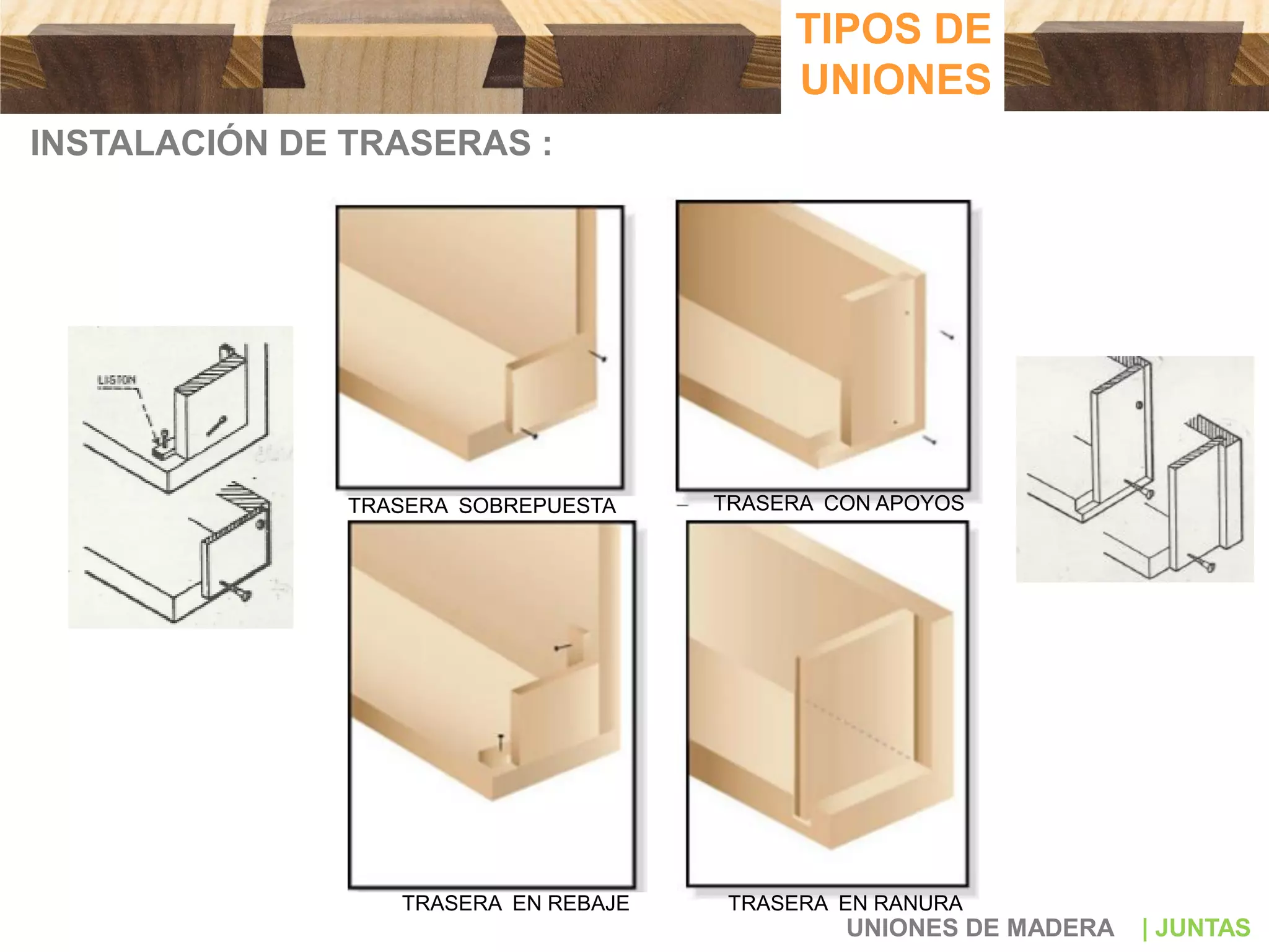 TIPOS DE
UNIONES
UNIONES DE MADERA | JUNTAS
INSTALACIÓN DE TRASERAS :
TRASERA SOBREPUESTA TRASERA CON APOYOS
TRASERA EN REBAJE TRASERA EN RANURA
 