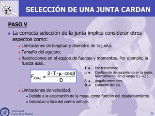 20
SELECCIÓN DE UNA JUNTA CARDAN
PASO V
n  La correcta selección de la junta implica considerar otros
aspectos como:
n  Limitaciones de longitud y diámetro de la junta.
n  Tamaño del agujero.
n  Restricciones en el equipo de fuerzas y momentos. Por ejemplo, la
fuerza axial.
n  Limitaciones de velocidad.
n  Debido a la aceleración de la masa, como función del desalineamiento.
n  Velocidad crítica del centro del eje.
AXIAL
2 T cos
F
D
⋅ ⋅ µ ⋅ β
=
T è Par transmitido.
µ è Coeficiente de rozamiento en la junta.
Normalmente, en el rango 0,1-0,15.
β è Ángulo entre ejes.
D è Diámetro del eje.
 