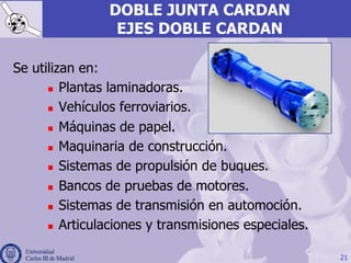 21
DOBLE JUNTA CARDAN
EJES DOBLE CARDAN
Se utilizan en:
n  Plantas laminadoras.
n  Vehículos ferroviarios.
n  Máquinas de papel.
n  Maquinaria de construcción.
n  Sistemas de propulsión de buques.
n  Bancos de pruebas de motores.
n  Sistemas de transmisión en automoción.
n  Articulaciones y transmisiones especiales.
 